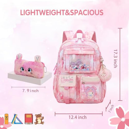 Lovely Kawaii Kids School Backpack For Girls – Splash-Proof Book Bag for Kids & Students, Multi-Pocket Children's School Bag, 17 Inch Pink - color: Pink