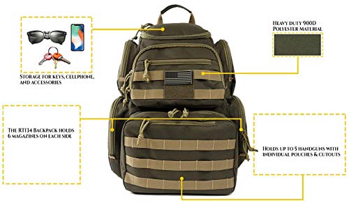 K-Cliffs Tactical Range Backpack – Lockable Bag for 5 Handguns Pouches – 900D Water‑Resistant with Rain Cover & USA Patch - color: Khaki With 5 Pouches
