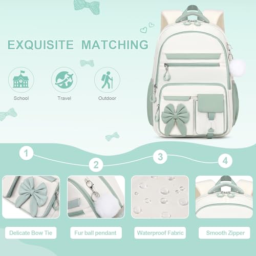 DIGOBAY Backpack for Girls, 3PCS Girls Backpack for School with Lunch Bag Pencil Case, Cute Kids Teens Bookbag for Kindergarten Elementary Preschool Middle School - color: Beige-bean Green
