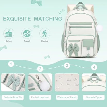 DIGOBAY Backpack for Girls, 3PCS Girls Backpack for School with Lunch Bag Pencil Case, Cute Kids Teens Bookbag for Kindergarten Elementary Preschool Middle School - color: Beige-bean Green