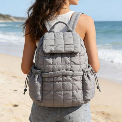 Quilted Backpack, Lightweight Casual Soft Daypack Large Capacity Quilted Backpack Purse, Ergonomic Versatile Polyester Puffy, for Travel Gym Hiker College (Grey)