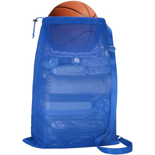 NATURAL STYLE Large Mesh Drawstring Backpack Bag, Gym Sports String Bag, Outdoor Workout Beach Swim Bag (Blue) - color: Blue