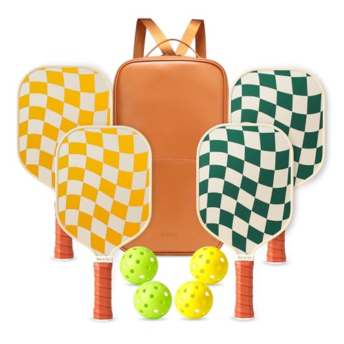 Pickleball Paddles Set of 2/4- USAPA Approved Graphite/Fiberglass Pickleball Racket, 2 Pickleball Rackets, 4 Balls and 1 Portable Carry Bag, Aesthetic Pickle Ball Set for Men Women Beginners - color: 4 Green Check | Warm Orange | Graphite
