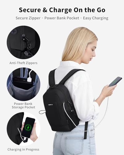 ECOHUB Mini Anti-Theft RFID Backpack for Women and Men, Water-Resistant, Lightweight Travel Daypack with iPad Sleeve, Key Holder, 9 Pockets, Daily Short Trips, Black - color: Black