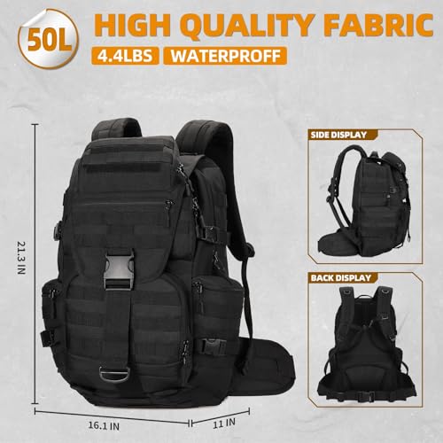 50L Military Tactical Backpack Hiking Waterproof Backpack Large Military Pack 3 Day Assault Pack Molle Bag Rucksack - color: Black