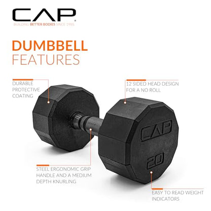 CAP Barbell Coated Hex Dumbbell Weight - Single | 10-120 lbs | Multiple Options - size: 20 lb, style: 12-Sided - Black Handle