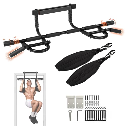 Yes4All Heavy Duty Wall Mounted Pull Up Bar, Over Door Pull Up Bar for Doorway, Multi Grip Chin Up Bar, Sturdy Strength Training Bars & Durable Gym Bar for Home Exercise - style: Premium Pull Up Bar XSP + Ab Straps