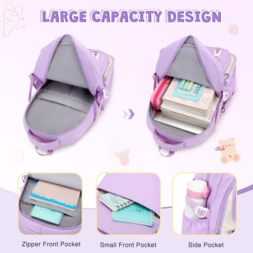 DIGOBAY 3PCS Girls Backpack for School, Kids Backpack for Girls with Lunch Box Pencil Case Set for Teen Girl Elementary Primary Middle High College School Bookbag with Cute Pins (Purple) - color: Purple