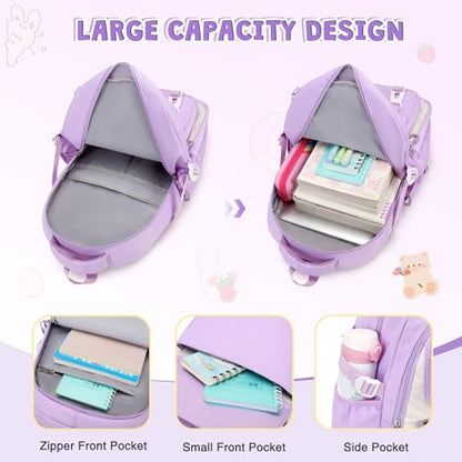 DIGOBAY 3PCS Girls Backpack for School, Kids Backpack for Girls with Lunch Box Pencil Case Set for Teen Girl Elementary Primary Middle High College School Bookbag with Cute Pins (Purple) - color: Purple