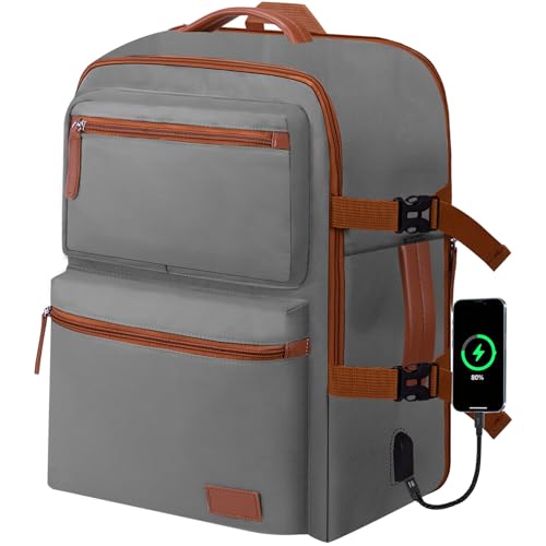 Expandable Travel Backpack Women Men with USB Charging Port, 15.6 Inch Laptop Backpack Waterproof Carry on Flight Approved for Travel Work Hiking College, Grey - color: Grey