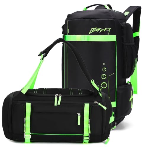 BE SMART 2 in 1 Convertible Gym Duffel Bags with Shoes Compartment - 40L Waterproof Extra Large Workout Backpack for Gym Men, Heavy Duty Sports Duffle Backpacks for Travel, Hiking, Camping, Carry On - color: Black/Bright Green, size: Large-40L