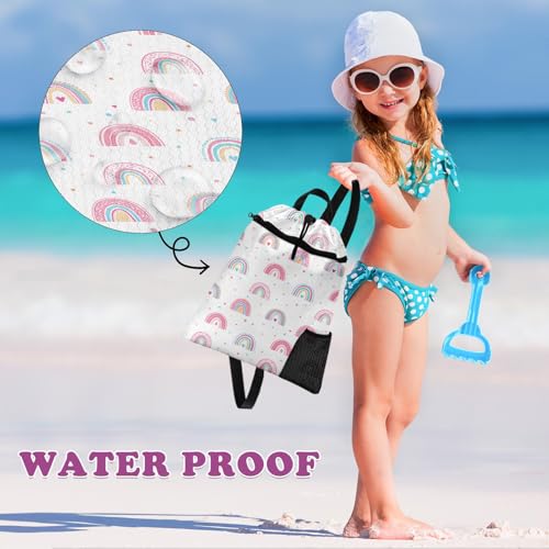 Rainbow Drawstring Backpack, 15” x 17” Waterproof Swim Bag for Beach Swimming Pool, Lightweight Foldable Gym Bag with Water Bottle Holder for Sports Travel - color: Rainbow