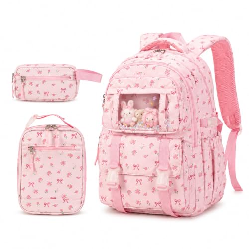 BTOOP Multi-Compartment Kids Backpack for Girls, 3PCS Cute Pink Bow School Backpack with Lunch Bag Pencil Case, Side Pocket Fits 40 oz Tumbler, Girls Bookbag for Elementary Middle School - color: Pink