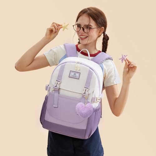 LOVEVOOK School Backpack for Teen Girls, Waterproof Travel College Bookbag for Middle High School with Large Cup Holder & Pencil Case, Fits 15.6'' Laptop, Cute Aesthetic Kids Student Backpack - color: Taro Purple