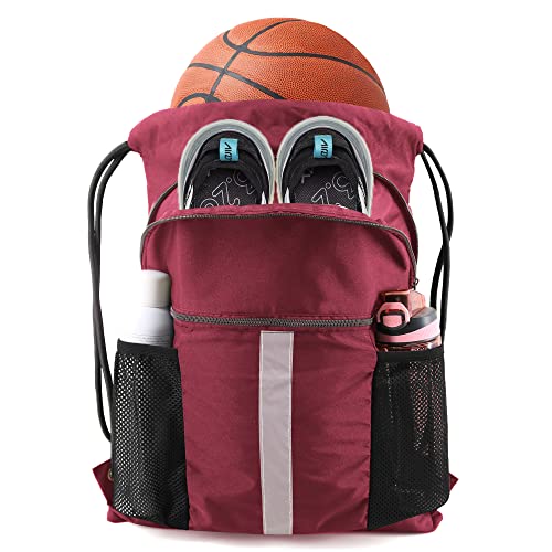 BeeGreen Drawstring Backpack Bag with Shoe Compartment, X-Large Black Gym Sports String Cinch Backpack - color: Wine Red