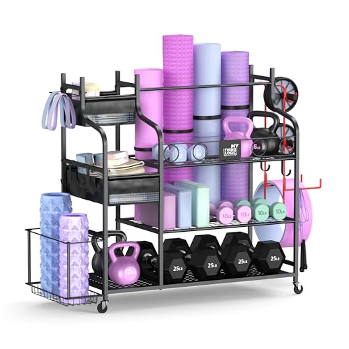 Mythinglogic Weight Rack for Dumbbells, Home Gym Storage for Yoga Mat Dumbbells Kettlebells and Strength Training Equipment, Dumbbell Rack with Wheels and Hanging Hooks - color: Black