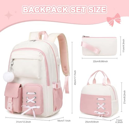 Scothen Backpacks for Girls, Girls Backpack with Lunch Box & Pencil Pouch for Teens Girl Kids Elementary Middle High School College Student Bookbag Daypack Laptop Travel Backpack for Women - color: Beige Pink