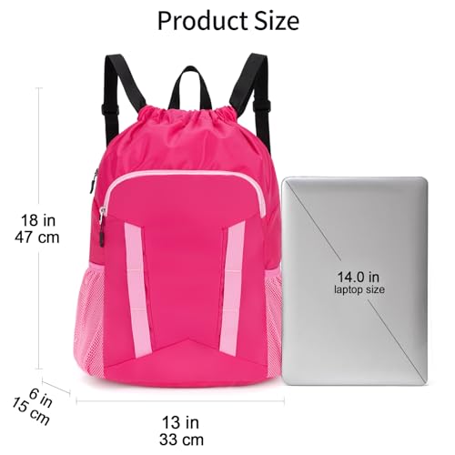 Drawstring Backpack Bag, Sport Gym Sackpack with Shoes Compartment - color: Pink