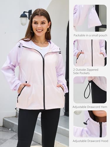 PITINAN Lightweight Rain Jacket Women Packable Wind Breaker Light Rain Jacket Women Waterproof Travel Raincoat S-XXL - color: Light Purple+peachy Pink, size: Large