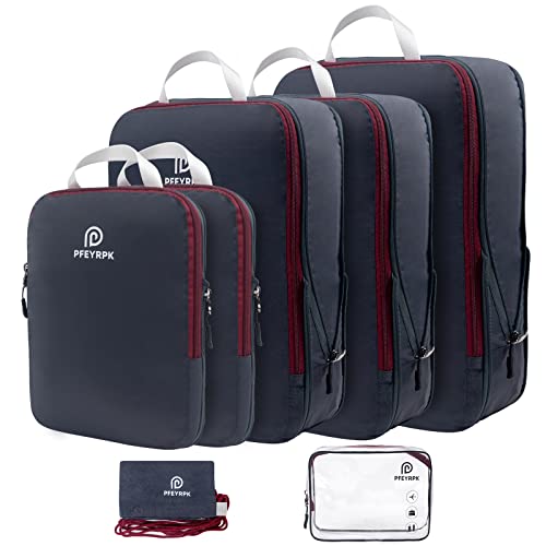 PFEYRPK Lightweight Compression Packing Cubes for Suitcases, Compressible Expandable Travel Packing Organizer with Clear Toiletries and Backpack Bag, Travel Essentials for Carry on Luggage 7 Set - color: Black/brownish Red, size: 7 Set