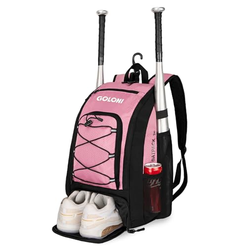 Goloni 40L Baseball Bag, Softball Bat Bag with Shoes Compartment,Fence Hook,Backpack for Baseball, T-Ball & Softball Equipment & Gear - color: Pink
