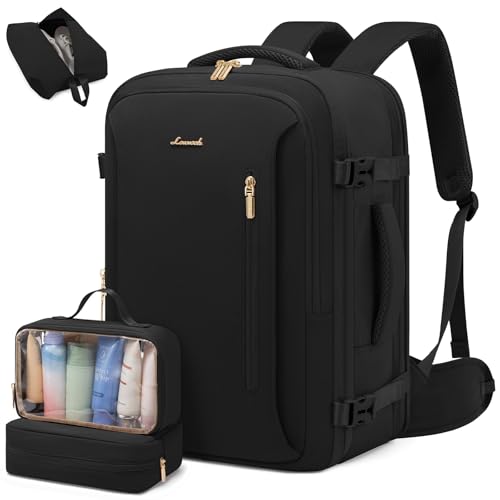 LOVEVOOK Travel Backpack For Women & Men with Waist Strap,50L Waterproof Carry On Backpack Luggage Travel Essentials Flight Approved,TSA Personal ltem Travel Bag Weekender Daypack with 3 Packing Cubes - color: Black With Waist Strap, size: 18 Inch