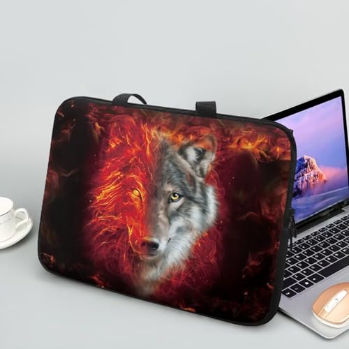 Flaming Wolf Laptop Case 10 Inch Sleeve, Protective Computer Covers with Accessory Pocket, Wildlife Animal Compatible Sleeve Bag for Most 10-17 Inch Notebooks, Black & Red - color: Flaming Wolf Wildlife Animal, size: 10 inch