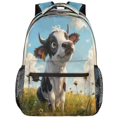 Cute Cow Backpack with Chest Strap, Casual Backpack for Women Men, 16 Inch Daypack for Travel Work, Cartoon Cow - color: Orange