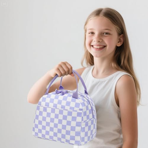 Bluboon School Backpack Set Girls Womens Laptop Bookbag Casual Daypack Fits 15 inch Laptop with Lunch Tote Bag and Pencil Bag - color: Purple and White Checkered