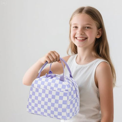 Bluboon School Backpack Set Girls Womens Laptop Bookbag Casual Daypack Fits 15 inch Laptop with Lunch Tote Bag and Pencil Bag - color: Purple and White Checkered