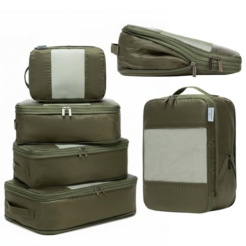 6-Pack Large Compression Packing Cubes for Travel - Lightweight Compression Packing Cube Set, Water-Resistant Luggage Organizer Bags & Suitcase Organizers, Travel Cubes for Carry-On, Checked Luggage - color: Olive