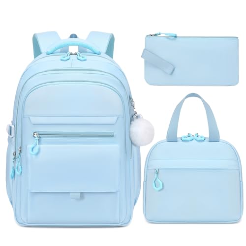 GeeWin Backpacks for Girls, Girls Backpack with Lunch Box & Pencil Case Set, 17 Inch Waterproof Girl Bookbag with Lots of Pockets for Kids, Teens, Elementary Middle High College School Student (Blue) - color: Blue