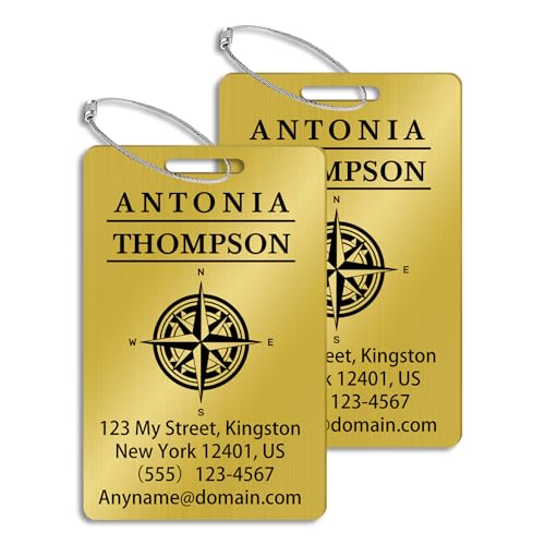 Personalized Metal Luggage Tags (2 Pack), Customizable Icon Text, Laser Engraved Waterproof Durable, for Bags, Backpack Travel, Suitcases (Gold) - color: Horizontal Gold