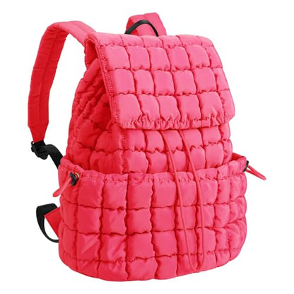 XSUIOY Quilted Backpack Purse for Women Small Lightweight Puffer Puffy College Laptop Backpack Nylon Casual Bookbag Daypack Top Flap Drawstring Padding Hiker Travel Gym Backpack(Rosered) - color: Rosered