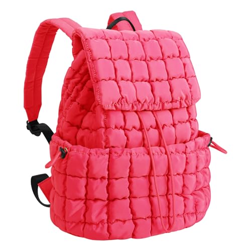 XSUIOY Quilted Backpack Purse for Women Small Lightweight Puffer Puffy College Laptop Backpack Nylon Casual Bookbag Daypack Top Flap Drawstring Padding Hiker Travel Gym Backpack(Rosered) - color: Rosered