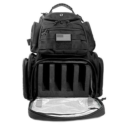 K-Cliffs Tactical Range Backpack – Lockable Bag for 5 Handguns Pouches – 900D Water‑Resistant with Rain Cover & USA Patch - color: Black With Eva Cradle