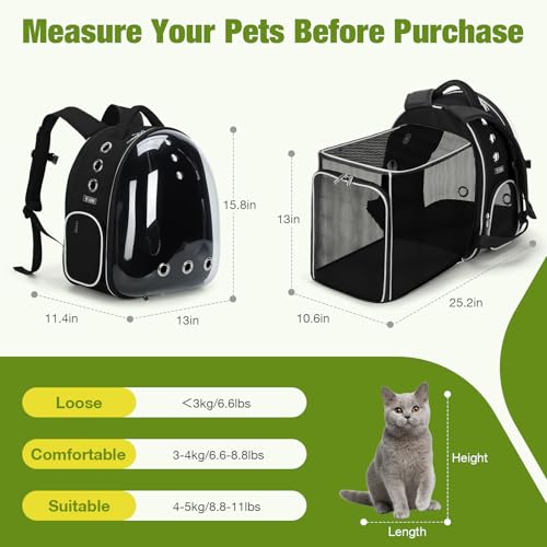 Lekereise Cat Backpack Carrier, Expandable Large Space Cat Bubble Backpack for Kitty Small Dog up to 18lbs, Transparent Pet Carrier for Travel, Hiking - color: Black