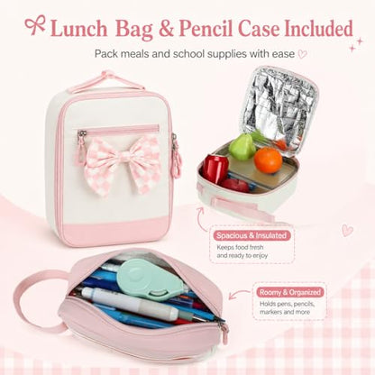 CAMTOP Girls Backpack with Lunch Box & Pencil Case Set, School Backpack for Girls with Large Water Bottle Holder Straps, Waterproof Kids Backpack, Cute Bookbag for Elementary School & Travel - color: Pink White