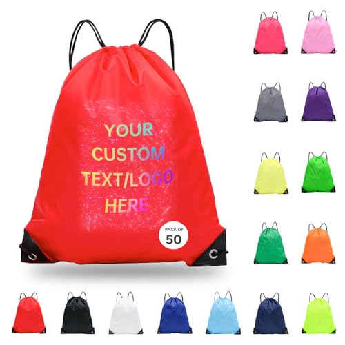 JEOHLORY pack of 50 Custom Bags With Your Logo,Drawstring Backpacks Bulk String Bag,Great for Travelling, Gym and for Everyday Use (Custom Red) - color: Custom Red