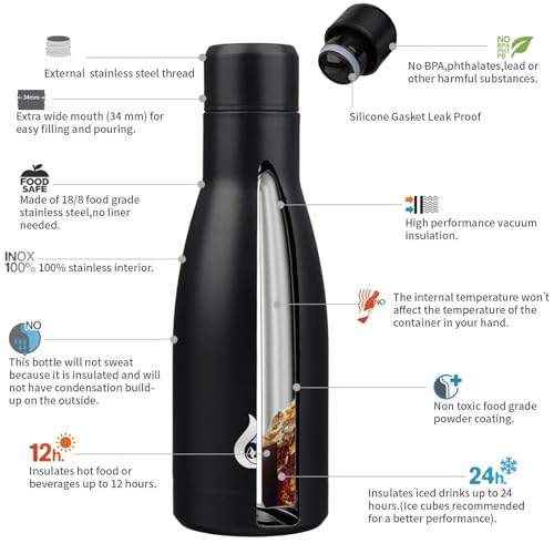 BJPKPK 12 oz Small Water Bottle, Reusable Insulated Stainless Steel Flask - color: Midnight Black, size: 12 Ounces