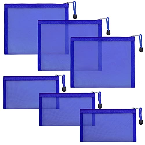 6 Pack Mesh Cosmetic Bags, Nylon Makeup Pouches with Zipper for Home Office Purse Diaper Bag (Blue) - color: Blue(2size)