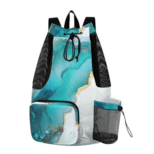 Drawstring Beach Bags Pool Bag With Water Bottle Pocket Cinch Back Sack Wet and Dry Separation Turquoise White Marble - color: Color 21