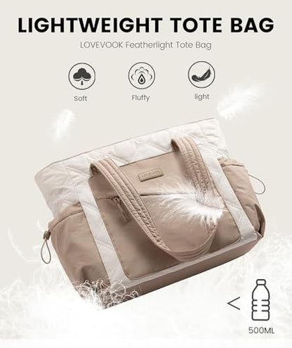 LOVEVOOK Tote Bag for Women, puffer tote bag for Work Travel Nurse, Lightweight quilted Bags with Compartments - color: M-15.6 Inch-cream-khaki