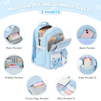 Kids Backpack for Girls, 3PCS School Backpack Set with Insulated Lunch Box & Pencil Case, Waterproof Lightweight Bookbag for Elementary & Middle School, Cute Bow Travel Daypack Blue-Beige - color: Blue-beige
