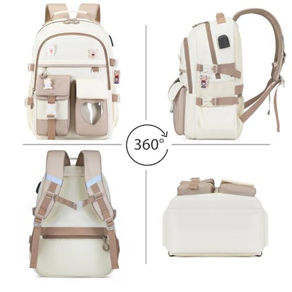ACESAK Backpack for Girls - Bookbag Backpacks Schoolbag for Girls Kids Teen Women Casual Travel Daypacks - School Bag Elementary Middle School College Cute Backpack with Lunch Box (Khaki White) - color: Khaki White