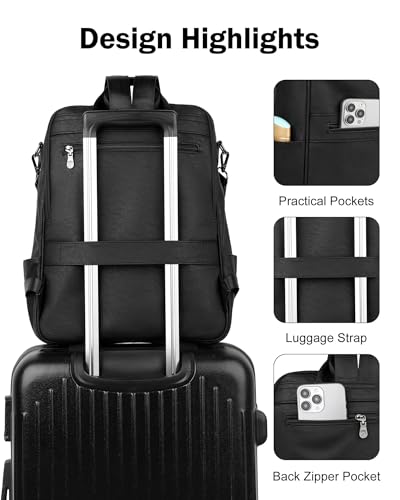 FADEON Laptop Backpack for Women Leather Travel Backpack with Laptop Compartment, Designer PU Shoulder Laptop Bag Black - color: Black Retro Style