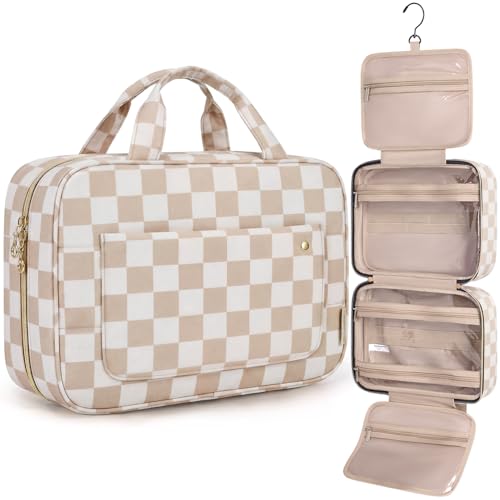 BAGSMART Toiletry Bag Travel Bag with Hanging Hook, Water-resistant Makeup Cosmetic Bag Travel Organizer for Accessories, Shampoo, Full-size Container, Toiletries (Khaki Checkerboard, Medium) - color: Khaki Checkerboard, size: Medium
