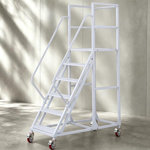 6-Step Rolling Warehouse Step Ladder, Lockable Wheels, Non-Slip Wide Steps, Dual Handrails, Movable Platform Ladder, Rolling Stairs for Warehouse, Supermarket, Library (White, 6 Steps) - color: White, size: 6 steps