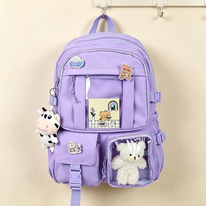 Kawaii Backpack with Cute Bear Plush Kawaii Pin Accessories Large Capacity Aesthetic School Bags Cute Bookbag for Girls Teen Purple - color: Purple