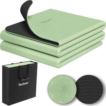 Readaeer Foldable Yoga Mat for Travel Folding Yoga Mat 6mm Thick with Carrying Bag, Non-Slip TPE Exercise Pilates Mat for 72" L x 24" W x 0.24 Inch - color: Green